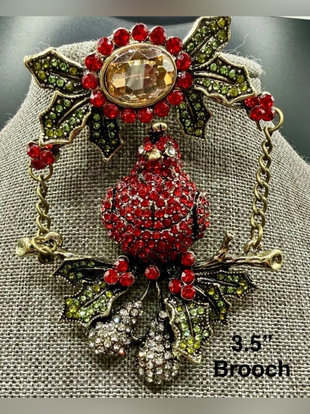 Holiday Red Cardinal & Holly Wreath Rhinestone Statement Brooch